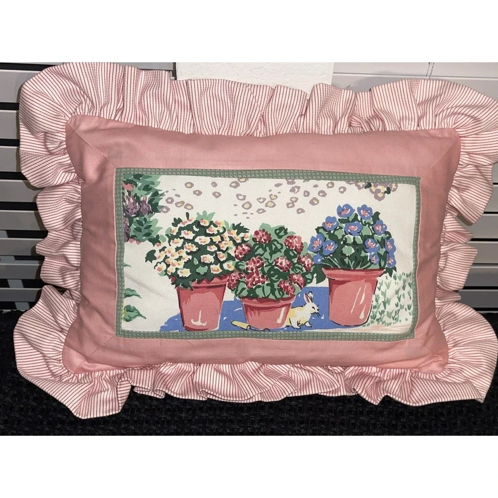 Vintage Ruffled Trim Cottage Core Accent Pillow Flower Pots Rabbit